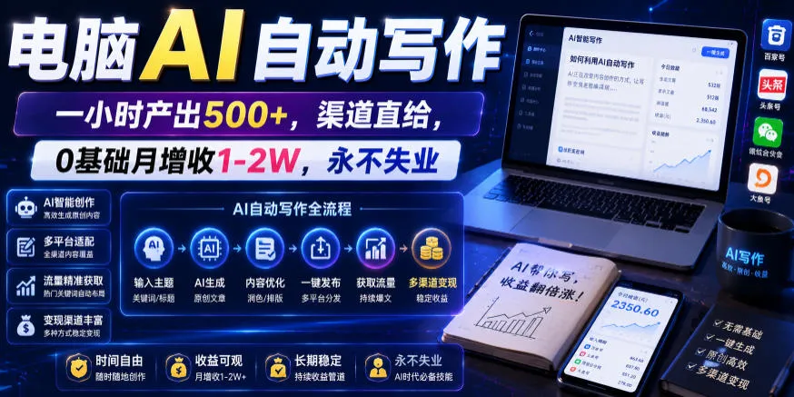 电脑AI自动写作,一小时产出500+,渠道直给,0基础月增收1-2W,永不失业【揭秘】-706资源网