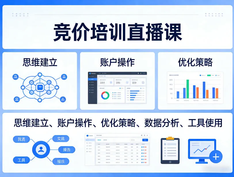 竞价培训直播课，覆盖思维建立、账户操作、优化策略、数据分析、工具使用等，全方位提升效果-706资源网