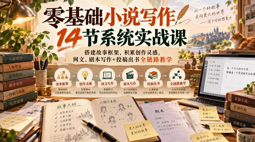 零基础小说写作14节系统实战课，搭建故事框架，积累创作灵感，网文、剧本写作+投稿出书全链路教学-706资源网