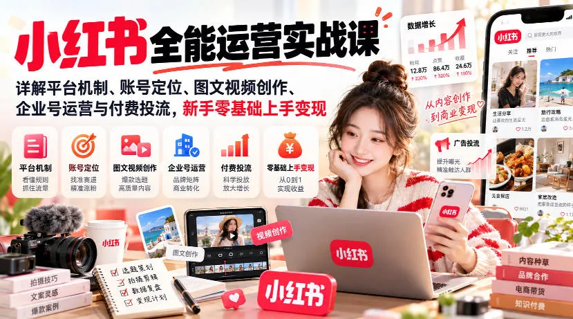 小红书全能运营实战课，详解平台机制、账号定位、图文视频创作、企业号运营与付费投流，新手零基础上手变现-706资源网