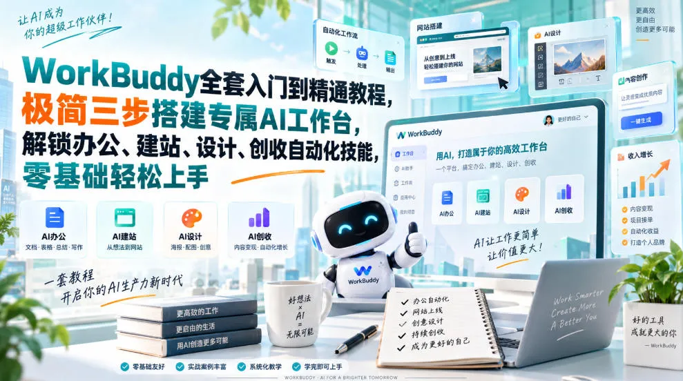 WorkBuddy全套入门到精通教程，极简三步搭建专属AI工作台，解锁办公、建站、设计、创收自动化技能，零基础轻松上手-706资源网