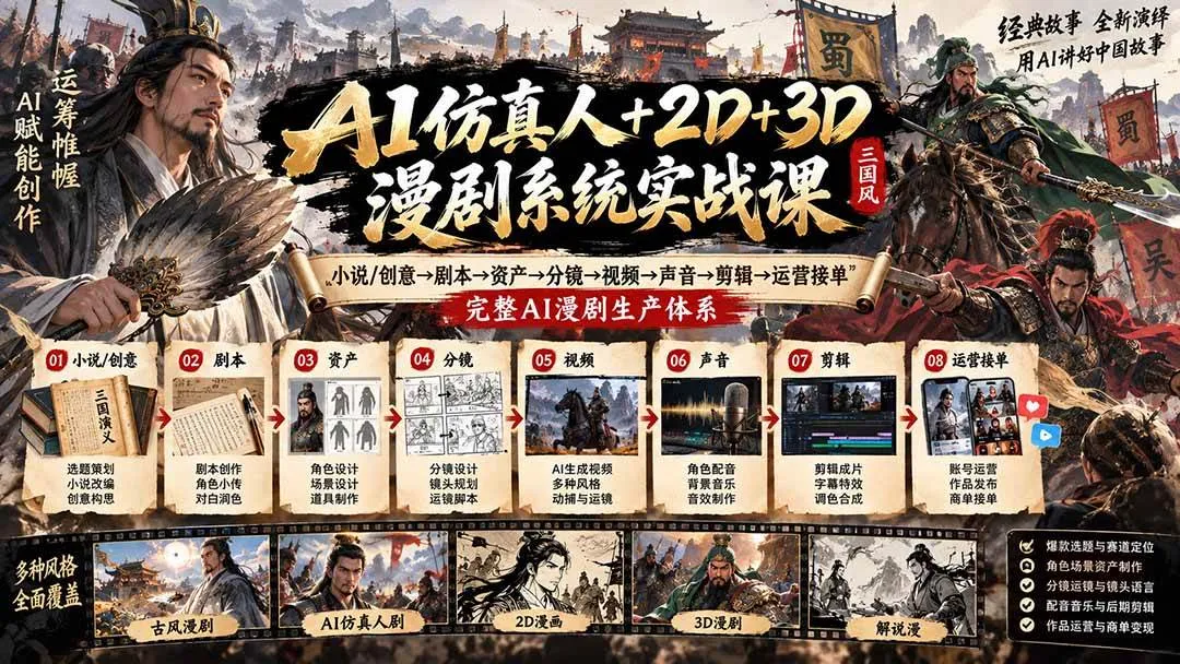 (20685期)AI仿真人+2D+3D漫剧系统实战课:小说/创意→剧本→资产→分镜→视频→声音→剪辑→运营接单,完整AI漫剧生产体系-706资源网