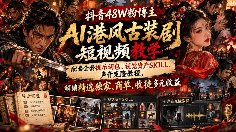 抖音48W粉博主AI港风古装剧短视频教学,配套全套提示词包、视觉资产SKILL、声音克隆教程,解锁精选独家、商单、收徒多元收益-706资源网