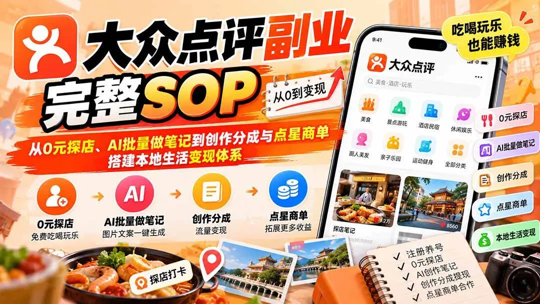 （20638期）【无水印】大众点评副业完整SOP：从0元探店、AI批量做笔记到创作分成与点星商单，搭建本地生活变现体系-706资源网