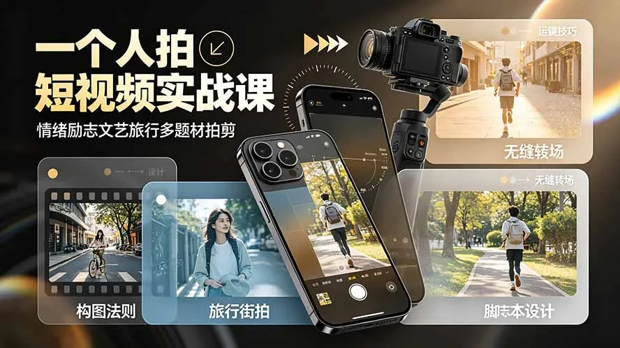 一个人拍短视频实战课：情绪励志文艺旅行多题材×五大景别×黄金构图×八大运镜，从拍摄到成片高效创作-706资源网