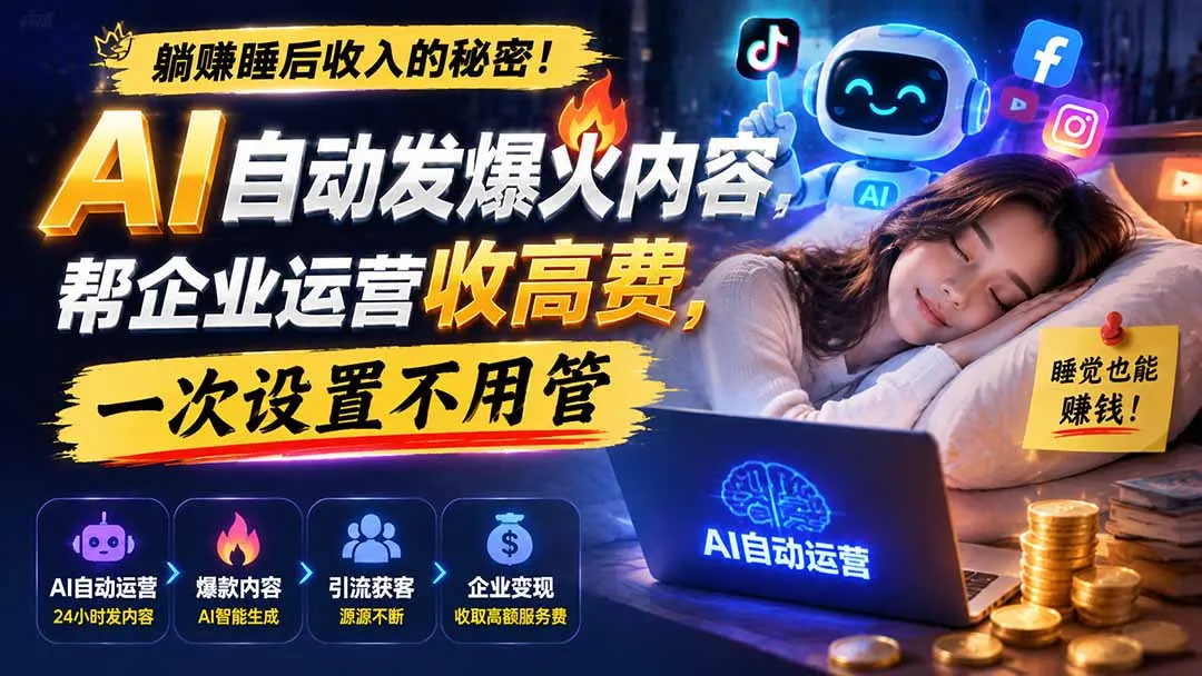 躺赚睡后收入的秘密！AI 自动发爆火内容，帮企业运营收高费，一次设置不用管【原创双语字幕】-706资源网