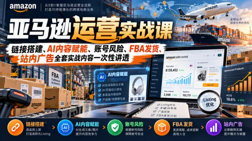 亚马逊运营实战课，链接搭建、AI内容赋能、账号风险、FBA发货、站内广告全套实战内容一次性讲透-706资源网