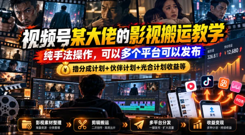视频号某大佬的影视搬运教学,纯手法操作,可以多个平台可以发布,撸分成计划+伙伴计划+光合计划收益等