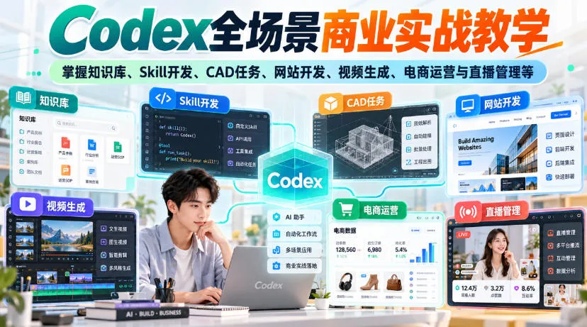 Codex全场景商业实战教学,掌握知识库、Skill开发、CAD任务、网站开发、视频生成、电商运营与直播管理等(更新1012)