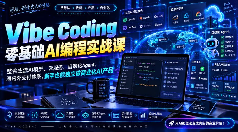 Vibe Coding零基础AI编程实战课-无水印，整合主流AI模型、云服务、自动化Agent、海内外支付体系，新手也能独立做商业化AI产品-706资源网