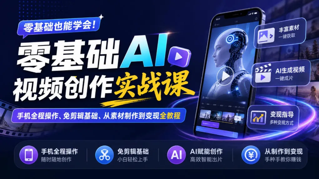 零基础AI视频创作实战课|手机全程操作、免剪辑基础、从素材制作到变现全教程-706资源网
