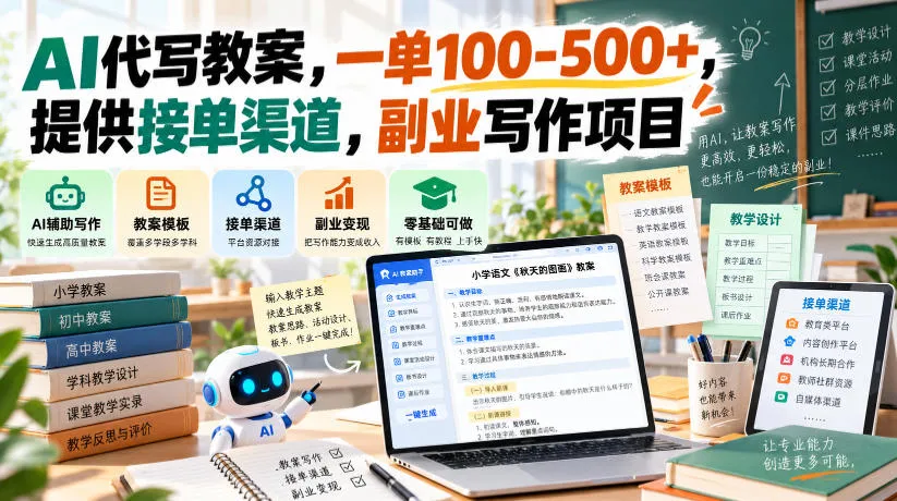 AI代写教案，一单100-500+，提供接单渠道，副业写作项目-706资源网