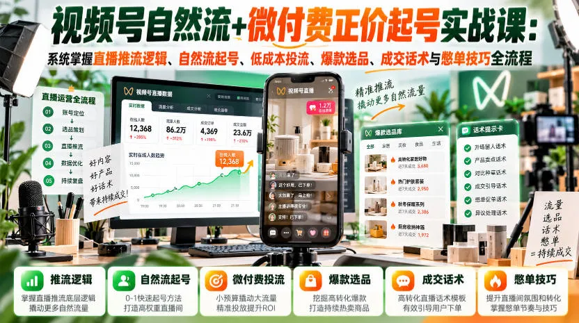 视频号自然流+微付费正价起号实战课:系统掌握直播推流逻辑、自然流起号、低成本投流、爆款选品、成交话术与憋单技巧全流程-706资源网