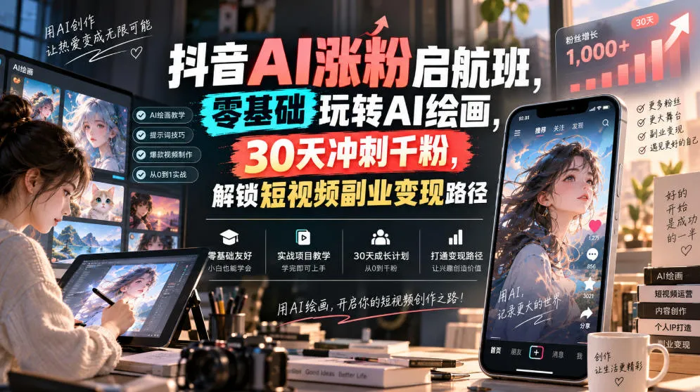抖音AI涨粉启航班，零基础玩转AI绘画，30天冲刺千粉，解锁短视频副业变现路径-706资源网