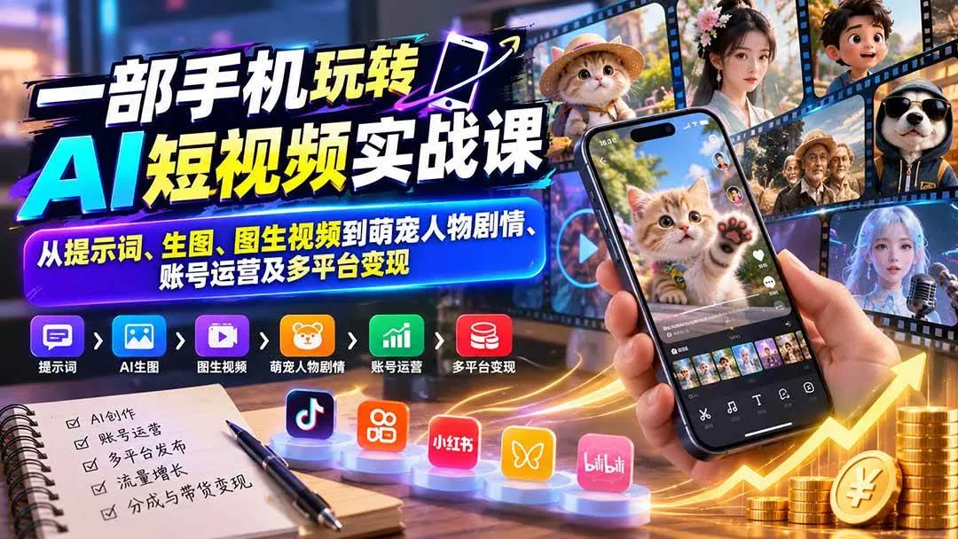 (20663期)一部手机玩转AI短视频实战课:从提示词、生图、图生视频到萌宠人物剧情、账号运营及多平台变现-706资源网