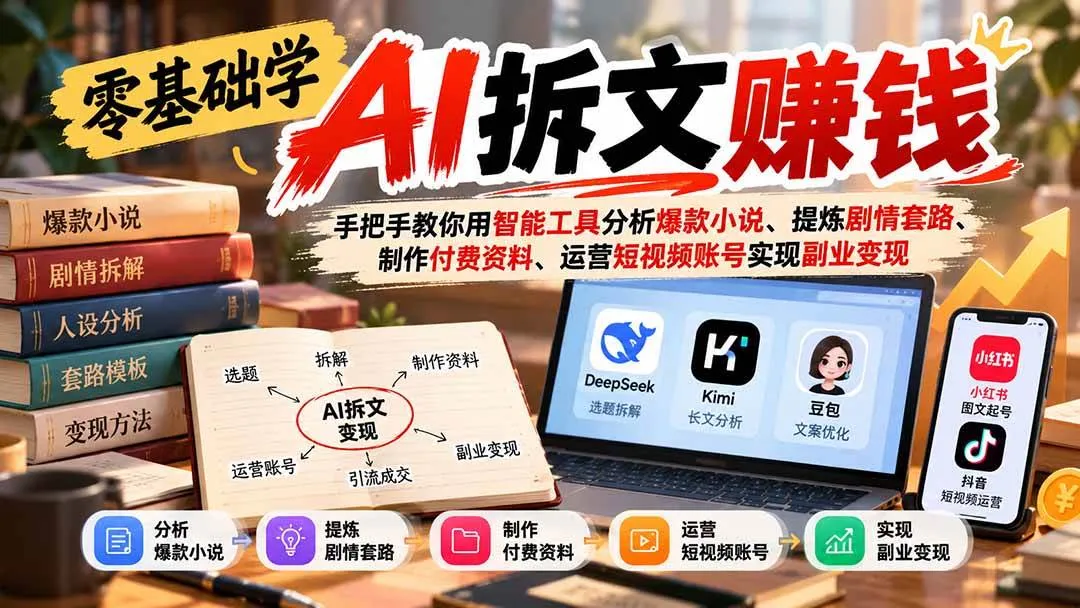（21030期）零基础学AI拆文赚钱：手把手教你用智能工具分析爆款小说、提炼剧情套路、制作付费资料、运营短视频账号实现副业变现-706资源网