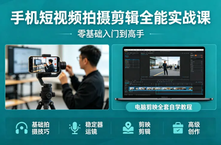 手机短视频拍摄剪辑全能实战课：零基础入门到高手，稳定器运镜+电脑剪映全套自学教程-706资源网