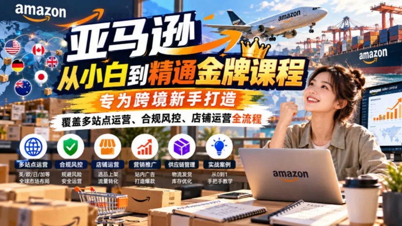 亚马逊从小白到精通金牌课程，专为跨境新手打造，覆盖多站点运营、合规风控、店铺运营全流程-706资源网