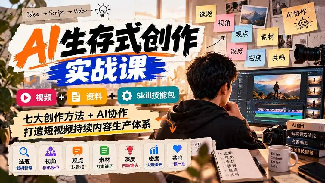 （21081期）AI生存式创作实战课：视频+资料+Skill技能包，七大创作方法+AI协作，打造短视频持续内容生产体系-706资源网