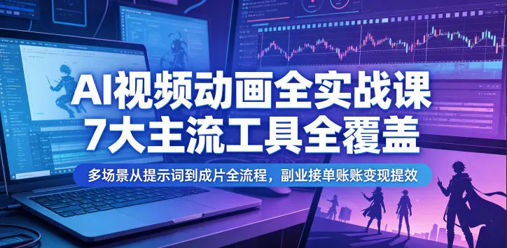 AI视频动画全实战课,7大主流工具全覆盖,多场景从提示词到成片全流程,副业接单账号变现提效