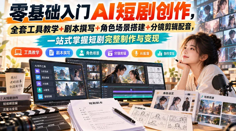零基础入门AI短剧创作,全套工具教学+剧本撰写+角色场景搭建+分镜剪辑配音,一站式掌握短剧完整制作与变现-706资源网