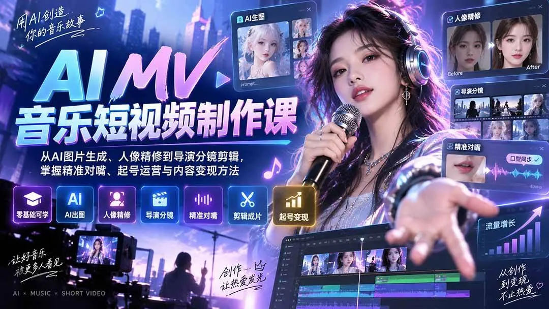 （20364期）AI MV音乐短视频制作课：从AI图片生成、人像精修到导演分镜剪辑，掌握精准对嘴、起号运营与内容变现方法-706资源网