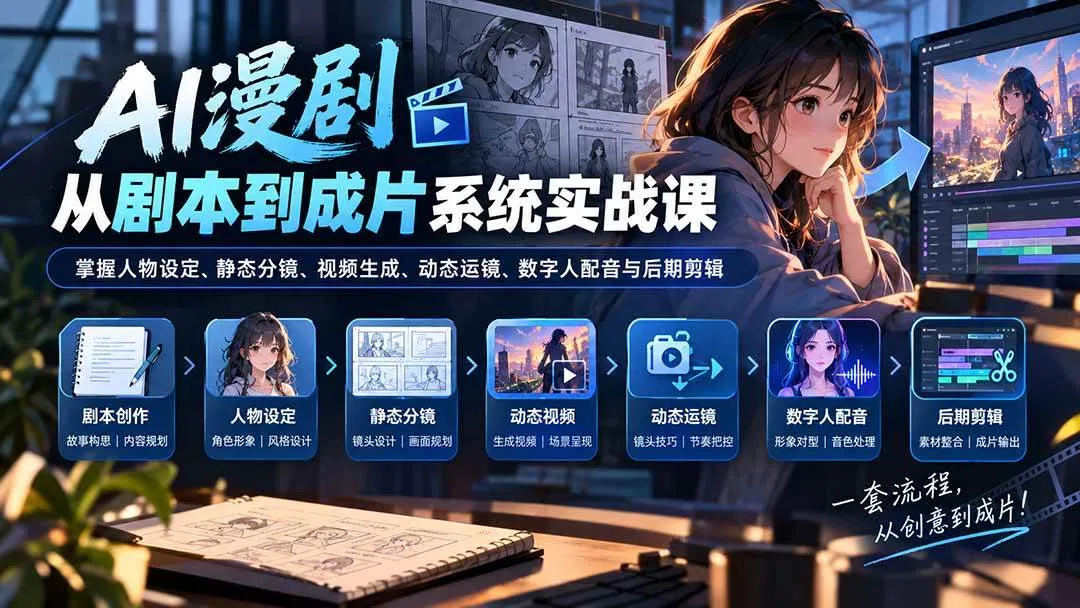 （20375期）AI漫剧从剧本到成片系统实战课：掌握人物设定、静态分镜、视频生成、动态运镜、数字人配音与后期剪辑-706资源网