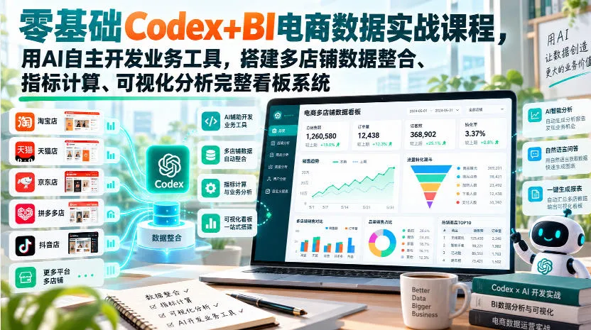 零基础Codex+BI电商数据实战课程,用AI自主开发业务工具,搭建多店铺数据整合、指标计算、可视化分析完整看板系统-706资源网