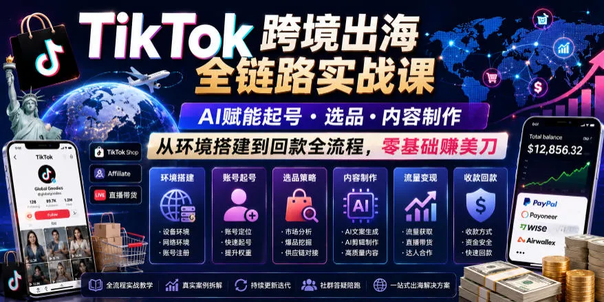 TikTok跨境出海全链路实战课,AI赋能起号・选品・内容制作,从环境搭建到回款全流程,零基础賺美刀-706资源网