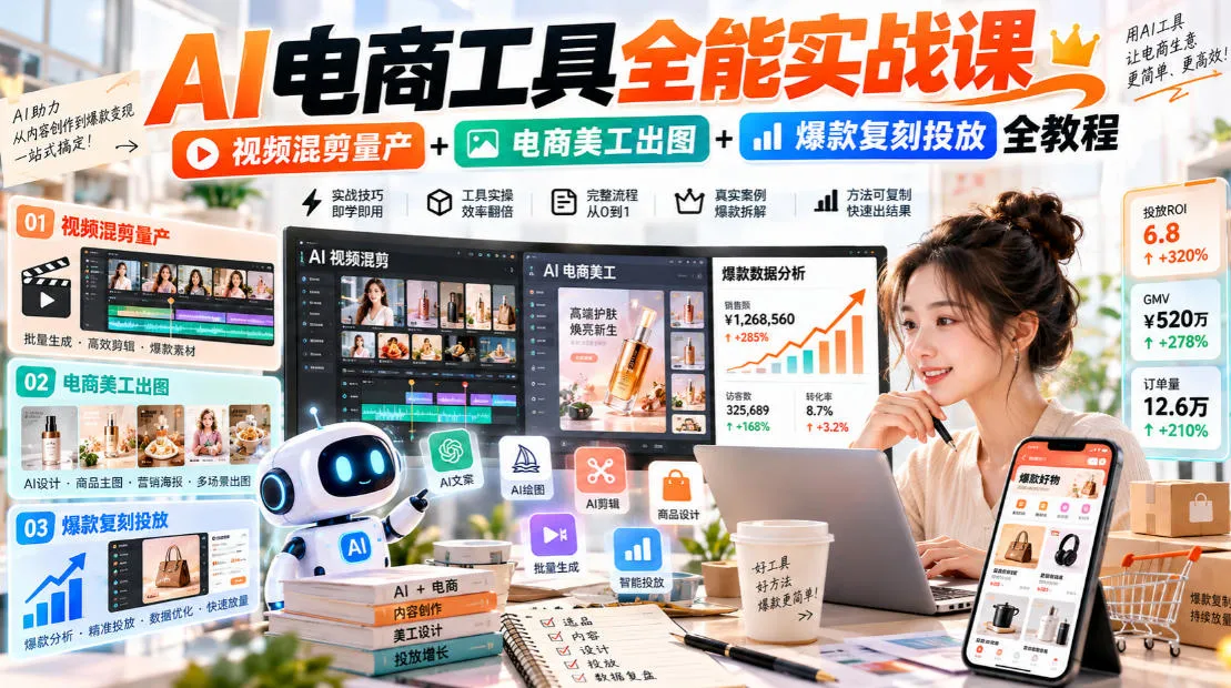 AI电商工具全能实战课｜视频混剪量产+电商美工出图+爆款复刻投放全教程-706资源网