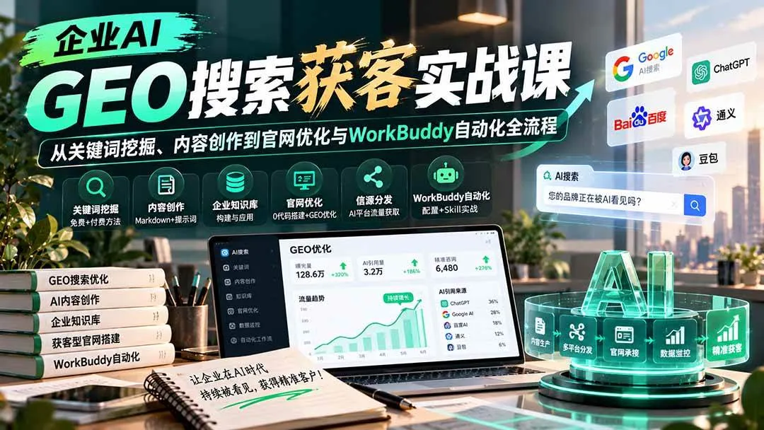 （20643期）企业AI GEO搜索获客实战课：从关键词挖掘、内容创作到官网优化与WorkBuddy自动化全流程-706资源网
