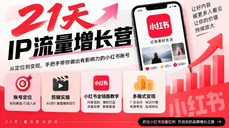 21天IP流量增长营，小红书全链路教学，账号定位剪辑实操，多模式变现系统课-706资源网