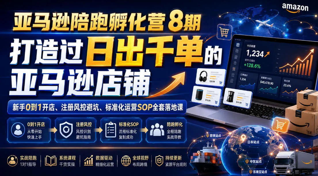 亚马逊陪跑孵化营8期，打造过日出千单的亚马逊店铺，新手0到1开店、注册风控避坑、标准化运营SOP全套落地课-706资源网