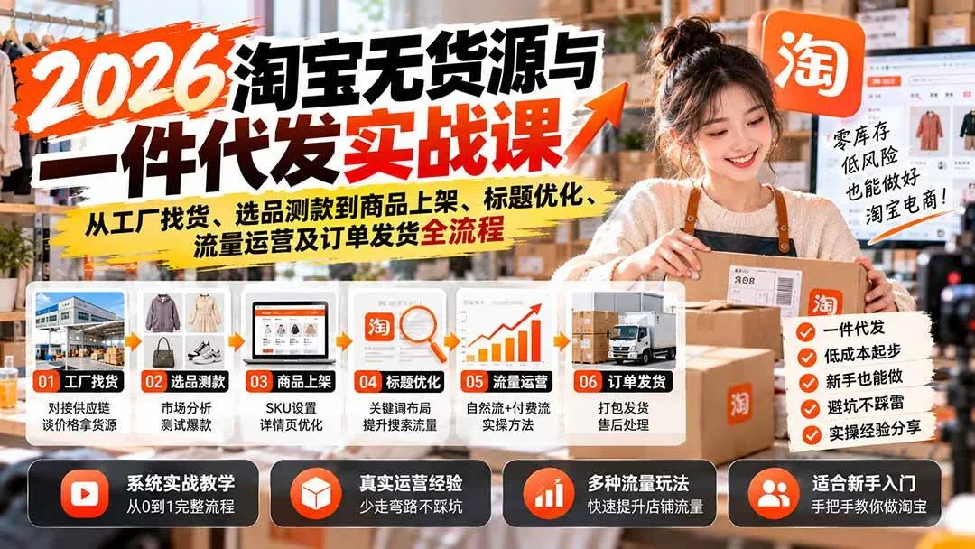 （20903期）2026淘宝无货源与一件代发实战课：从工厂找货、选品测款到商品上架、标题优化、流量运营及订单发货全流程-706资源网