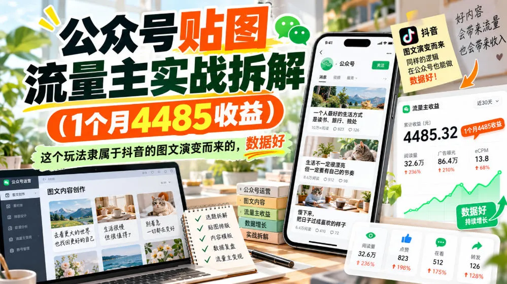 公众号贴图流量主实战拆解(1个月4485收益)，这个玩法隶属于抖音的图文演变而来的，数据好-706资源网