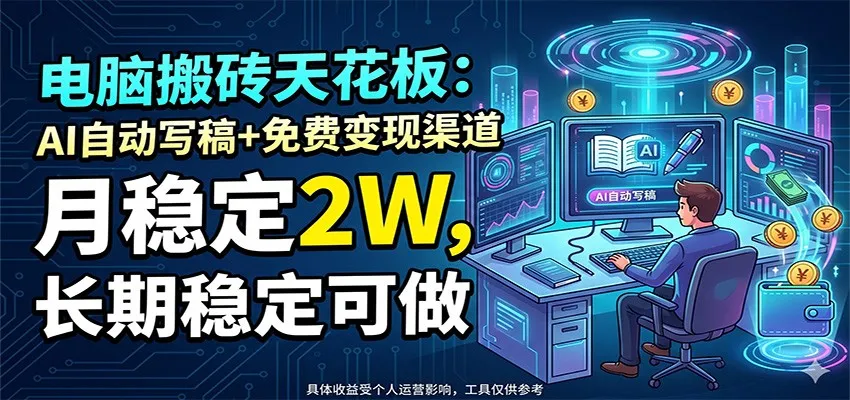 电脑搬砖天花板：AI自动写稿+免费变现渠道，月稳定2W，长期稳定可做-706资源网