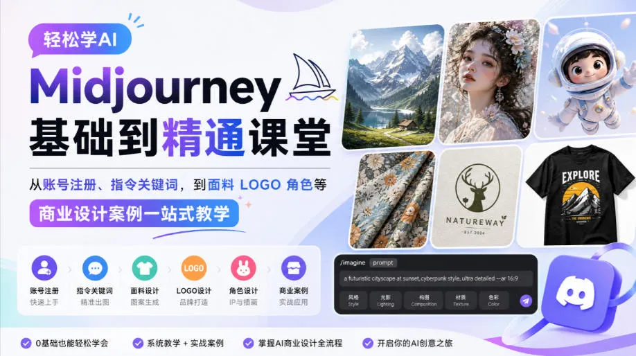 轻松学AI Midjourney基础到精通课堂，从账号注册、指令关键词，到面料LOGO角色等商业设计案例一站式教学-706资源网