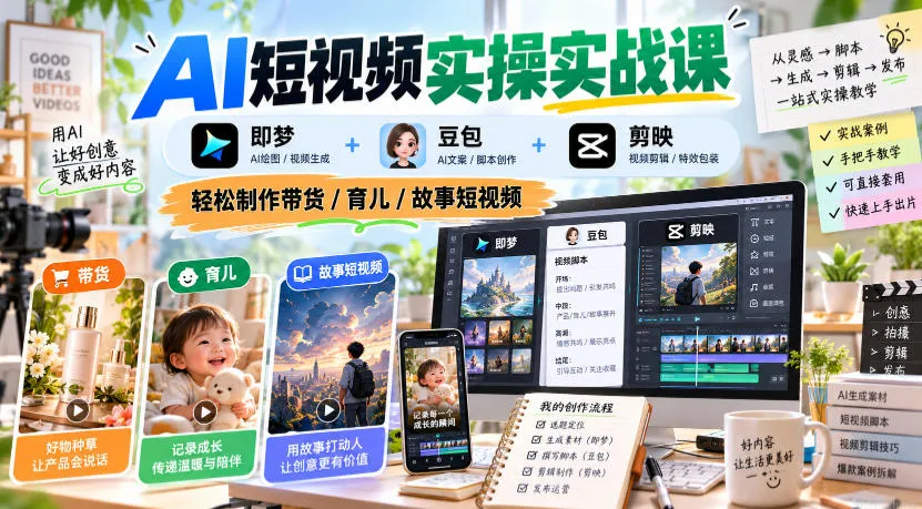 AI短视频实操实战课，即梦+豆包+剪映，轻松制作带货/育儿/故事短视频-706资源网