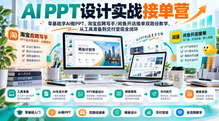 AI PPT设计实战接单营|零基础学AI做PPT,淘宝应聘写手/闲鱼开店接单双路径教学,从工具准备到交付变现全闭环-706资源网
